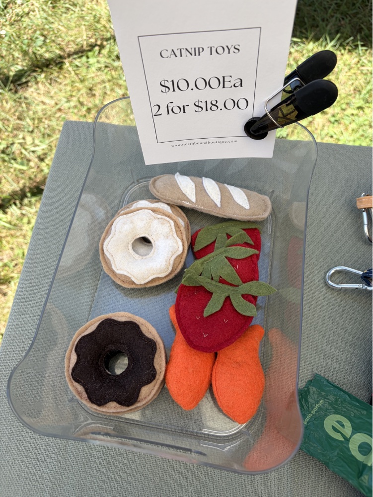Handmade felt catnip toys from Northbound Boutique including donuts, bread, strawberry and carrots with price tag showing $10 each