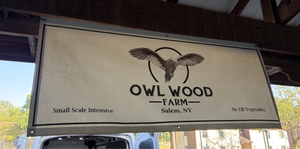 Owl Wood Farm banner with barn owl logo reading 'Small Scale Intensive, Salem, NY, No Till Vegetables