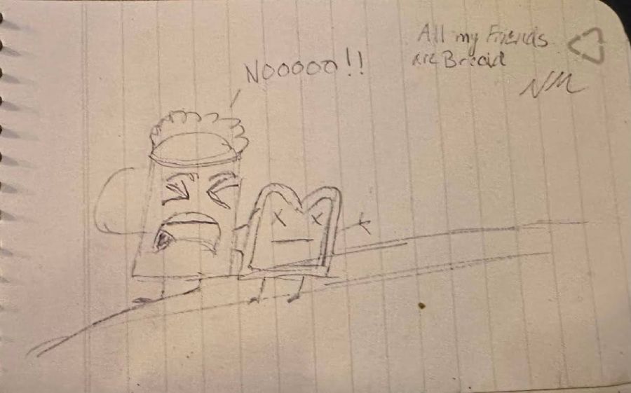 A hand-drawn sketch on lined notebook paper showing a beer mug character next to a bread, with handwritten text "All my Friends are Bread."